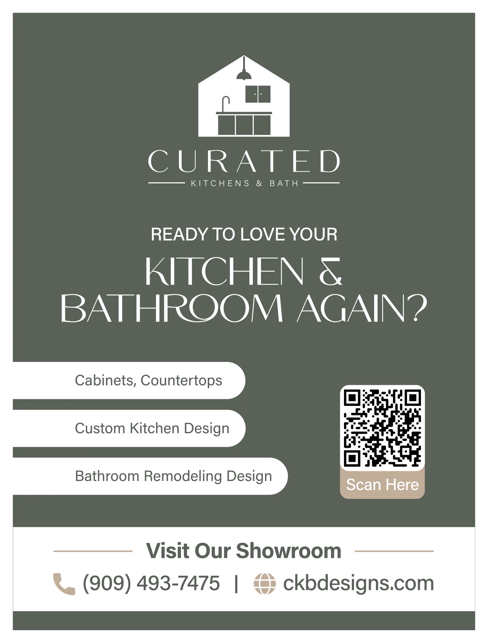Curated Kitchens & Bath yard sign: Ready to love your kitchen and bathroom again?