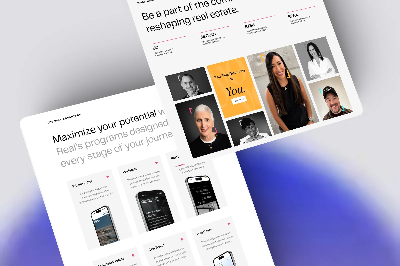 Join Real homepage and programs pages shown at an angle
