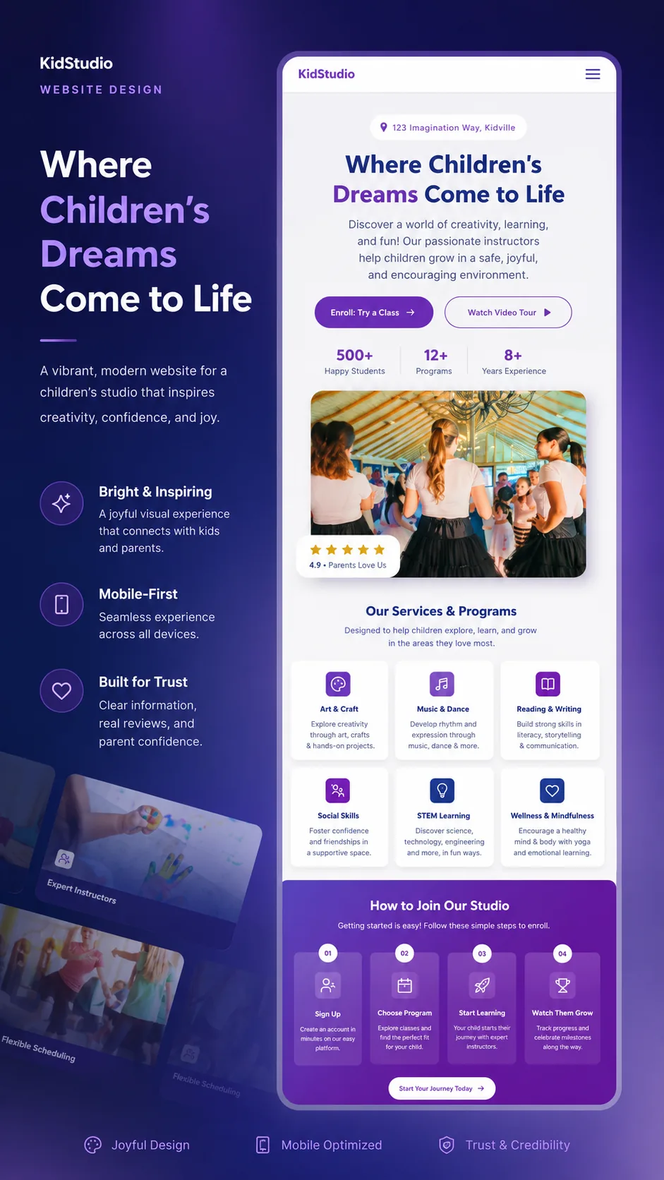 Kids Studio mobile homepage and programs