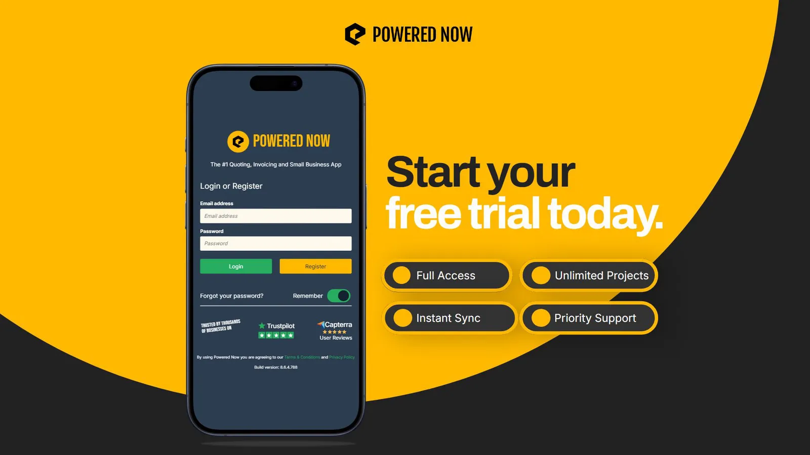 Powered Now film end card: Start your free trial today, with the app's login screen
