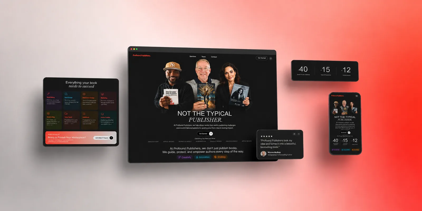 Profound Publishers website shown across desktop, tablet and mobile